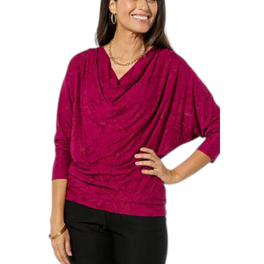 Lloyd Boston Floral Cowl-Neck 3/4-Slv Dolman Top Raspberry Radiance - Regular